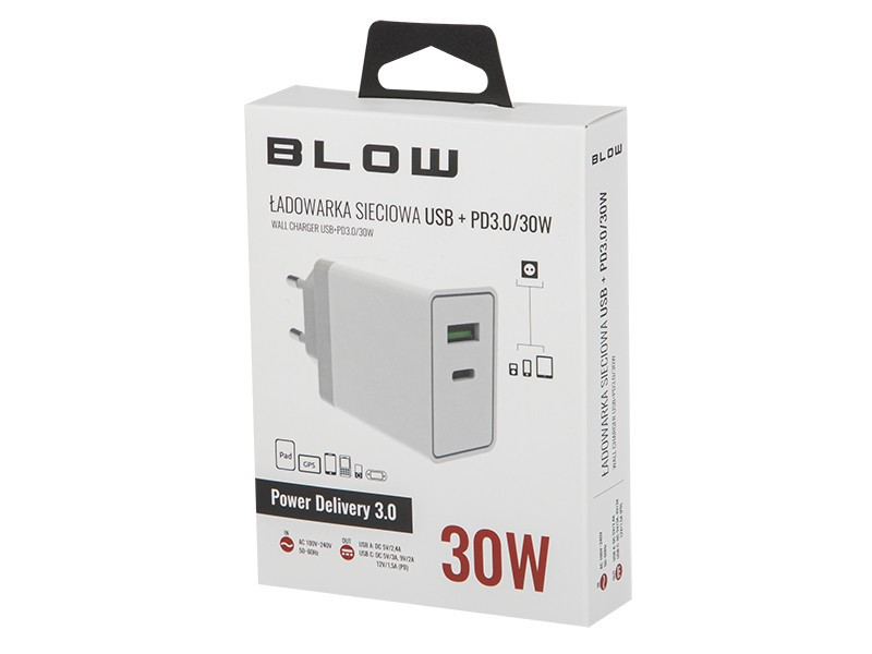 Ładowarka sieciowa z gniazdem USB+USB-C 30W 