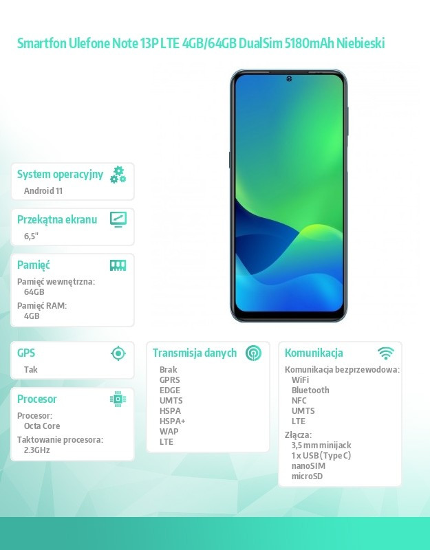 Smartfon Note 13P LTE 4GB/64GB DualSim 5180mAh Niebieski