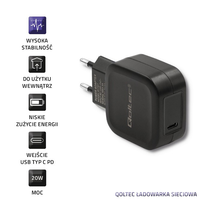 Ładowarka sieciowa 5V | 3A | 20W | USB typ C | PD | Czarna 