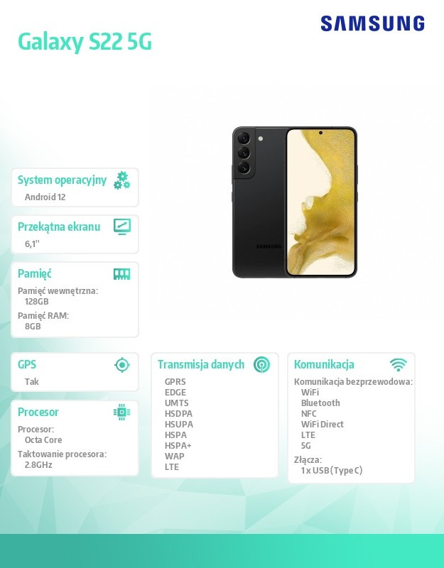 Smartfon Galaxy S22 DualSIM 5G 8/128GB Czarny 