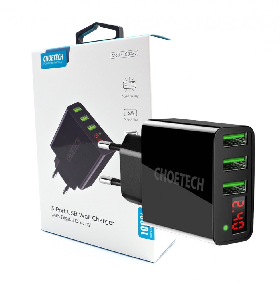 C0027 Black Ładowarka sieciowa LCD 3xUSB 3A 15W