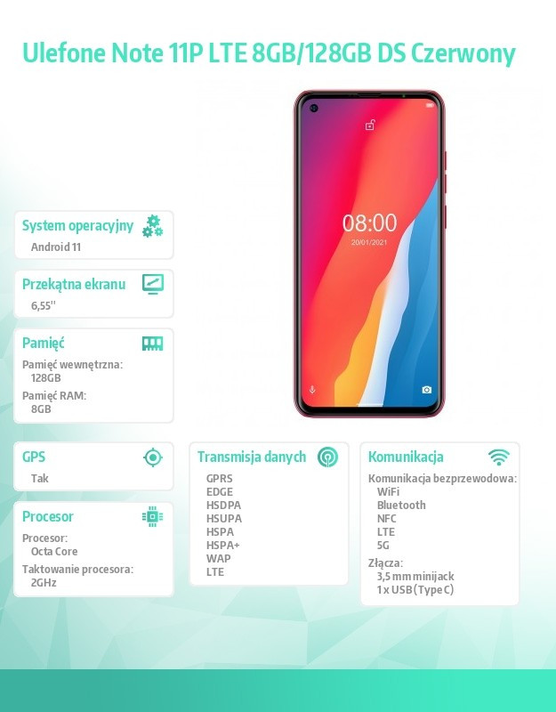 Smartfon Note 11P LTE 8GB/128GB Dual SIM Czerwony 