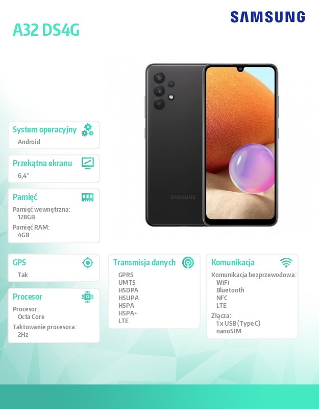 Smartfon GALAXY A32 Dual SIM 4G 4/128GB Enterprise Czarny