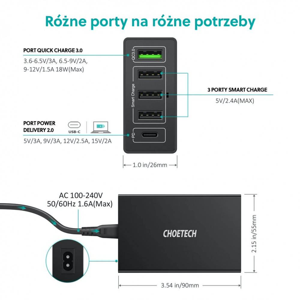 Q3-4U2Q Black Ładowarka sieciowa 5xUSB Quick Charge 3.0 60W Power Delivery