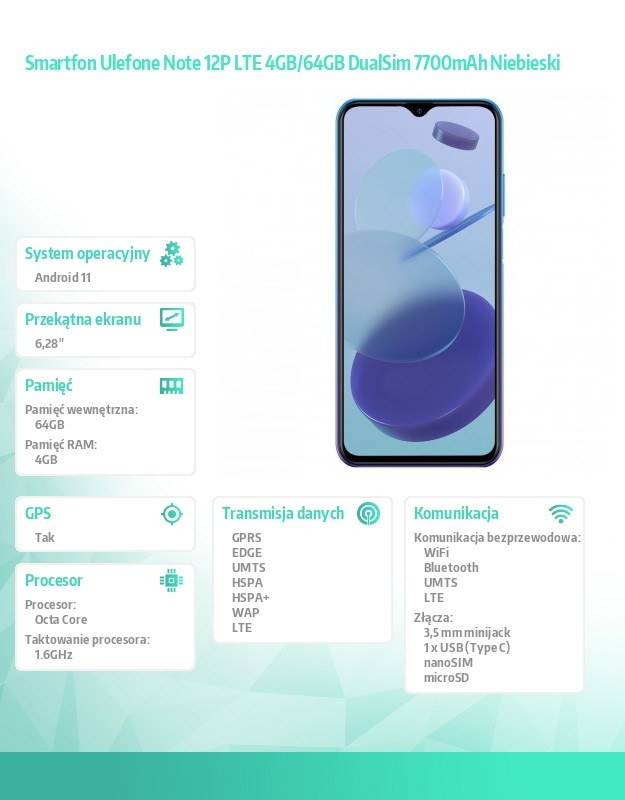 Smartfon  Note 12P LTE 4GB/64GB DualSim 7700mAh Niebieski