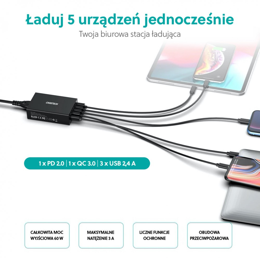 Q3-4U2Q Black Ładowarka sieciowa 5xUSB Quick Charge 3.0 60W Power Delivery