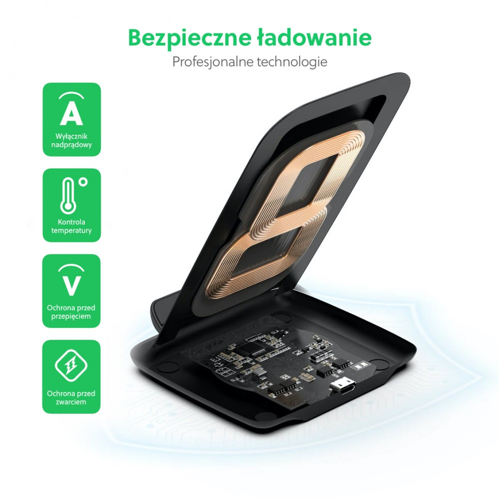 T555-F Black Ładowarka bezprzewodowa indukcyjna 15W Qi Fast Charge + ładowarka sieciowa Quick Charge 18W