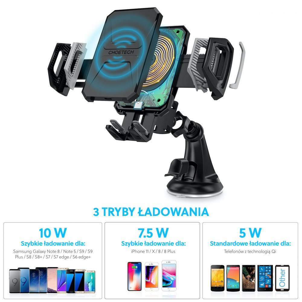 T521-S Black Uchwyt samochodowy / ładowarka bezprzewodowa 10W USB-C Qi