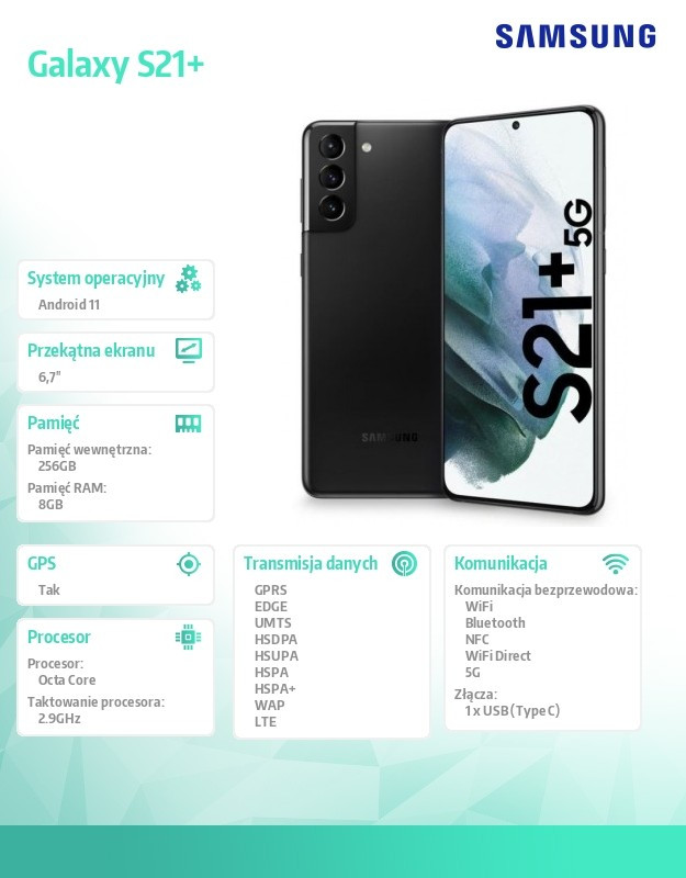Smartfon Galaxy S21+ Dual SIM 5G 8/256GB Czarny