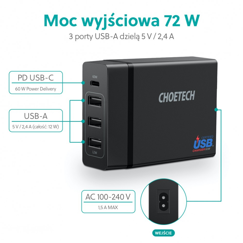 PD72-1C3U Black Ładowarka sieciowa 4xUSB 72W Power Delivery