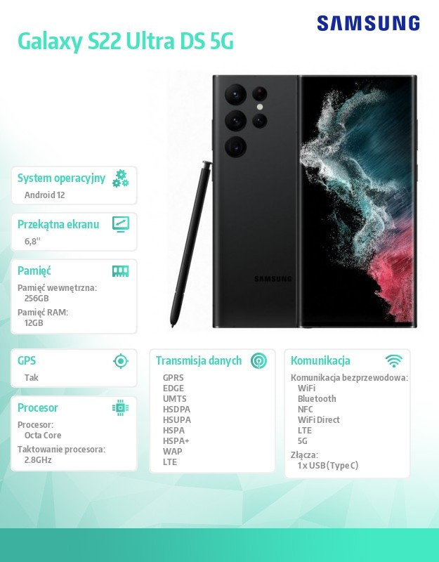 Smartfon Galaxy S22 Ultra DS 5G  12/256GB Czarny
