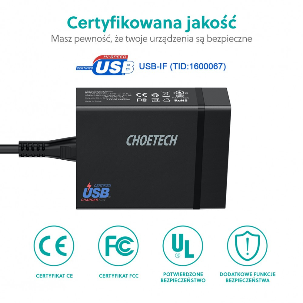 PD72-1C3U Black Ładowarka sieciowa 4xUSB 72W Power Delivery