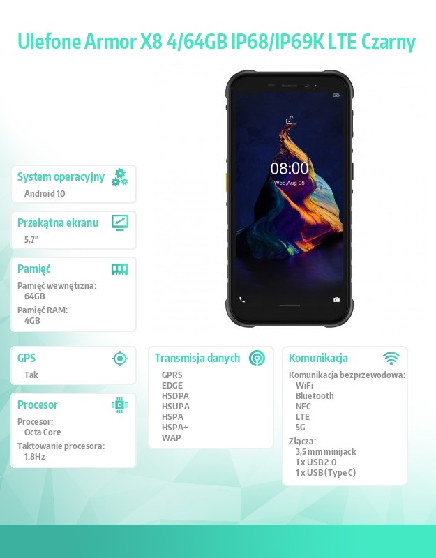 Smartfon Armor X8 4/64GB IP68/IP69K LTE 5080mAh Dual SIM Czarny 