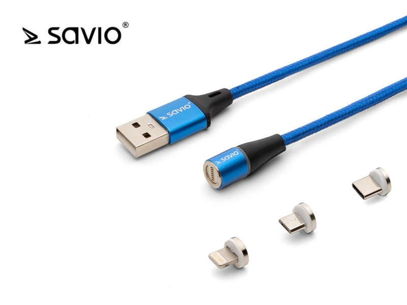 Kabel Magnetyczny USB - USB Typ C, Micro i Lightning 2m SAVIO CL-157 Niebieski 
