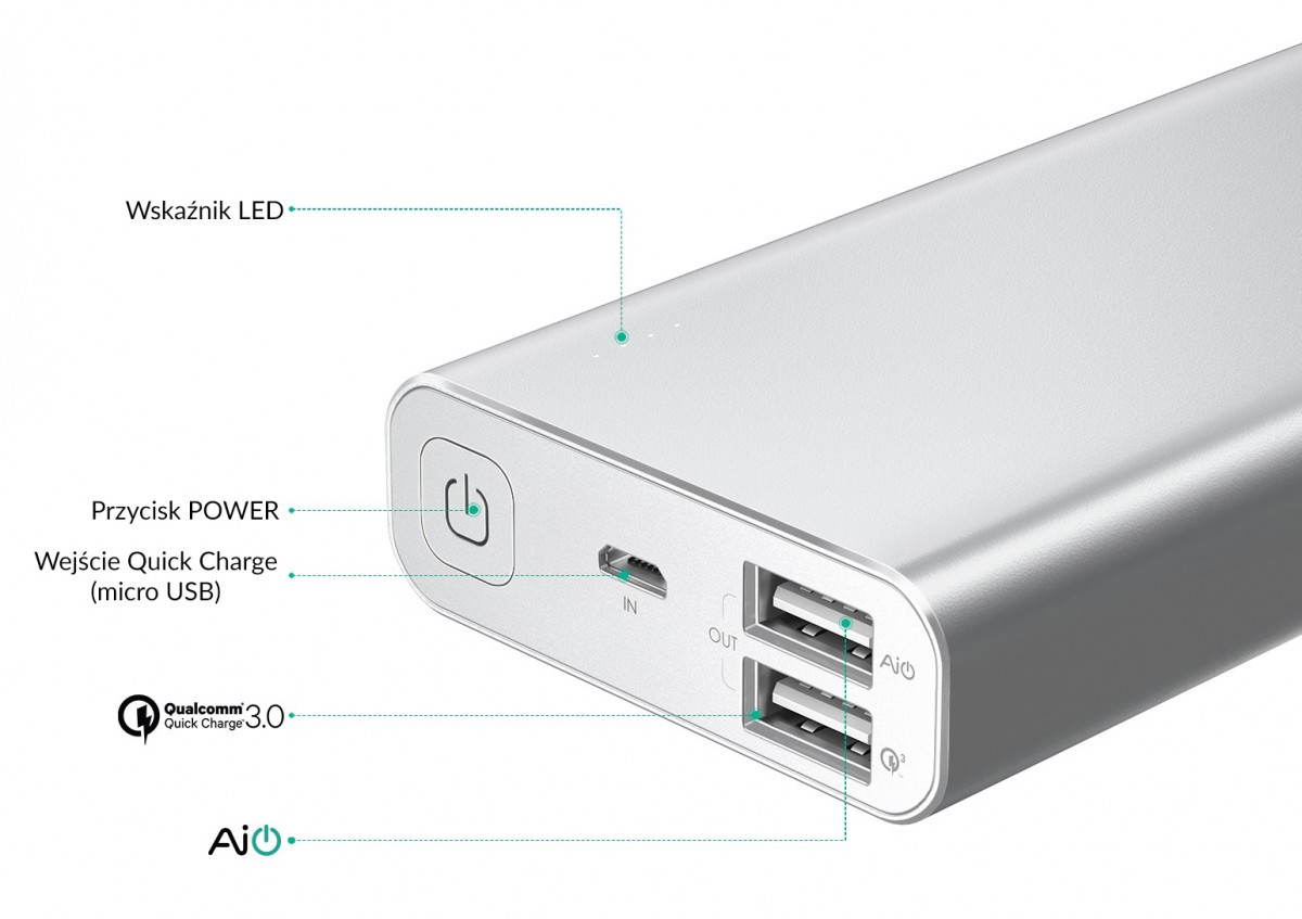 PB-AT10 Grey ultraszybki aluminiowy Power Bank | 10050 mAh | 3xUSB | 5.4A | Quick Charge 3.0 | kabel micro USB 