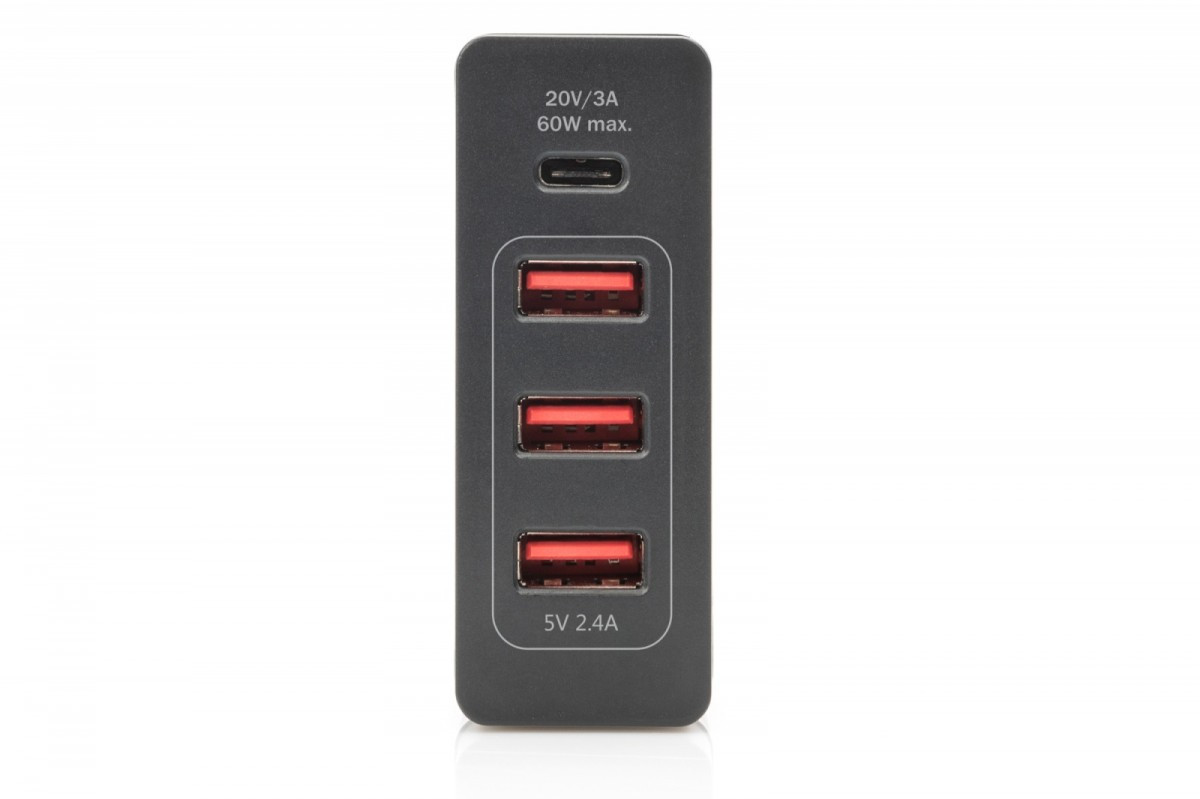 Uniwersalna 4-portowa ładowarka sieciowa 240V USB Typ C (5-20V/3A/60W) 3xUSB A (5V/2.4A) PD Czarna