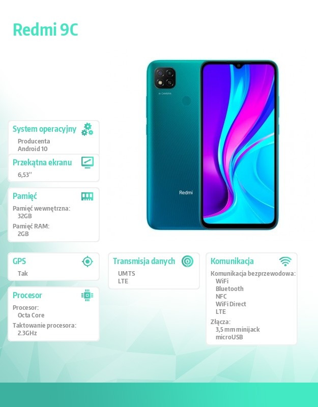 Smartfon Redmi 9C NFC 2/32 GB Aurora Green