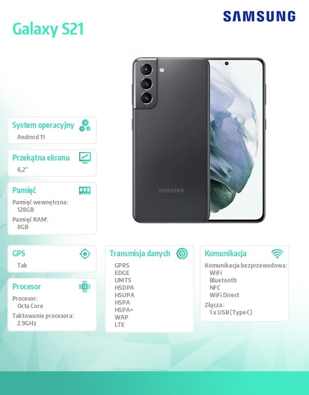 Smartfon Galaxy S21 DS 5G 8/128GB Szary Enterprise, następca  modelu SM-G991BZADEUE