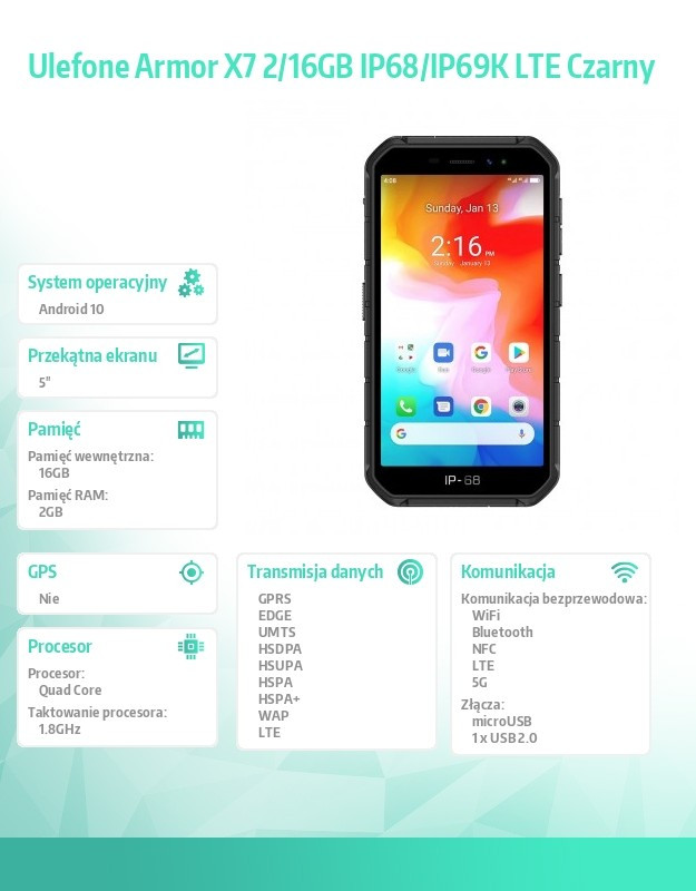 Smartfon Armor X7 2/16GB IP68/IP69K LTE Czarny 