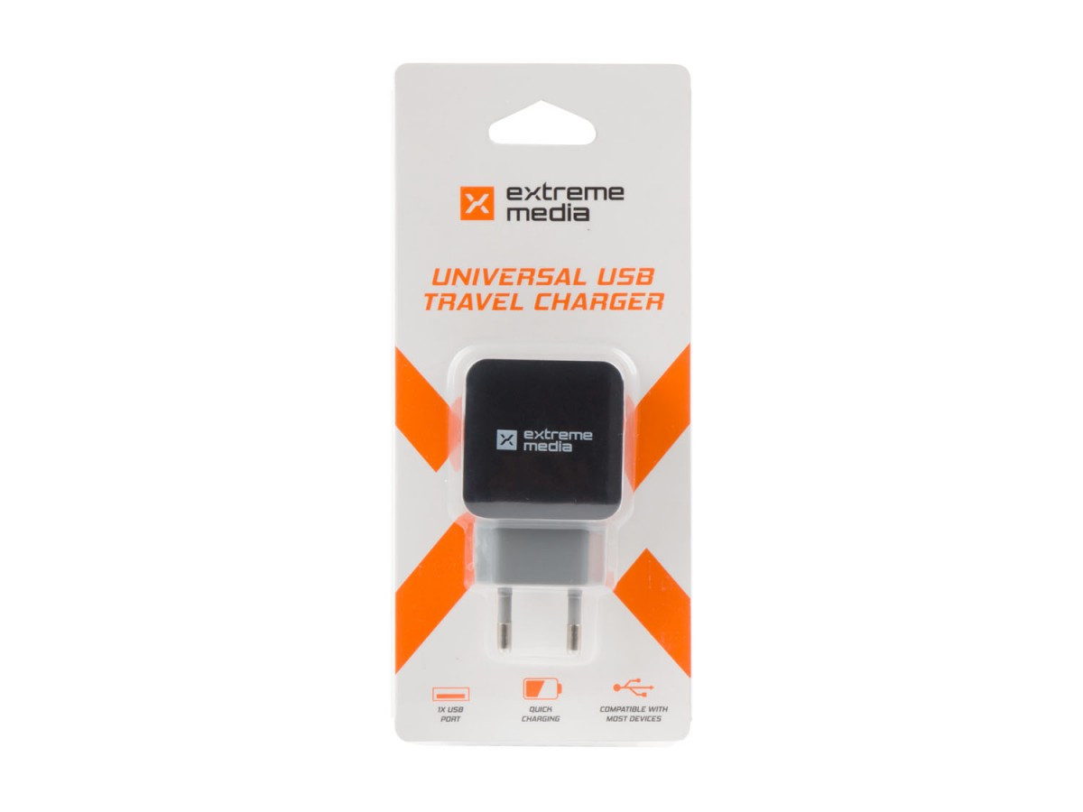 Uniwersalna ładowarka sieciowa 1xUSB 1.2A (BLISTER) EXTREME MEDIA czarno-szara